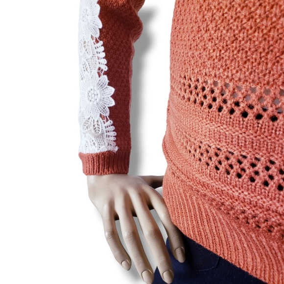 Listicle Rust Orange & White Lace Sleeve Knit Sweater - Picture 2 of 8